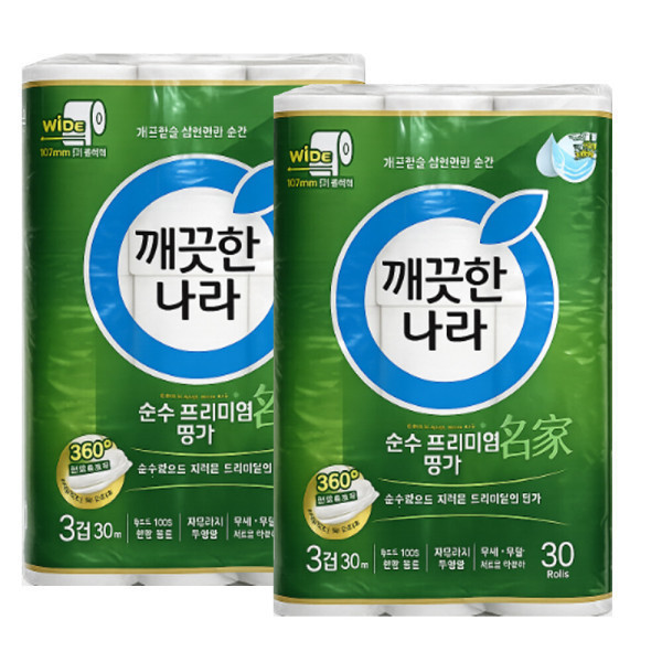 [오늘출발] 깨끗한나라 순수프리미엄 3겹  와이드 107MMX30MX30롤X2팩