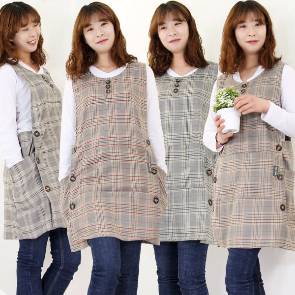 체크버튼 원피스앞치마 예쁜 유치원 보육교사앞치마