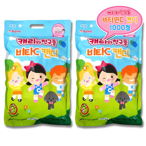 [캐리소프트][오늘출발] 캐리와친구들 캐리와 친구들 어린이 비타C 1000정 (2개) / 복숭아맛 캐릭터 유아 키즈 대용량 비타민 영양제 약국용 캔디