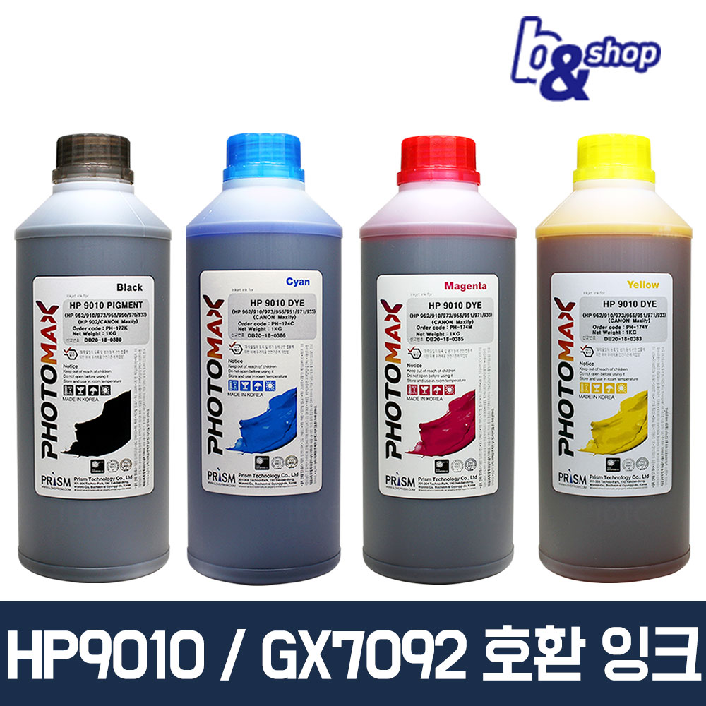 [오늘출발][호환] 프리즘테크놀로지 HP9010 HP8710 HP7740 캐논 GX6092 GX7092 호환 무한 리필 프리즘잉크 HP9010 4색(검정안료+컬러염료)1L세트