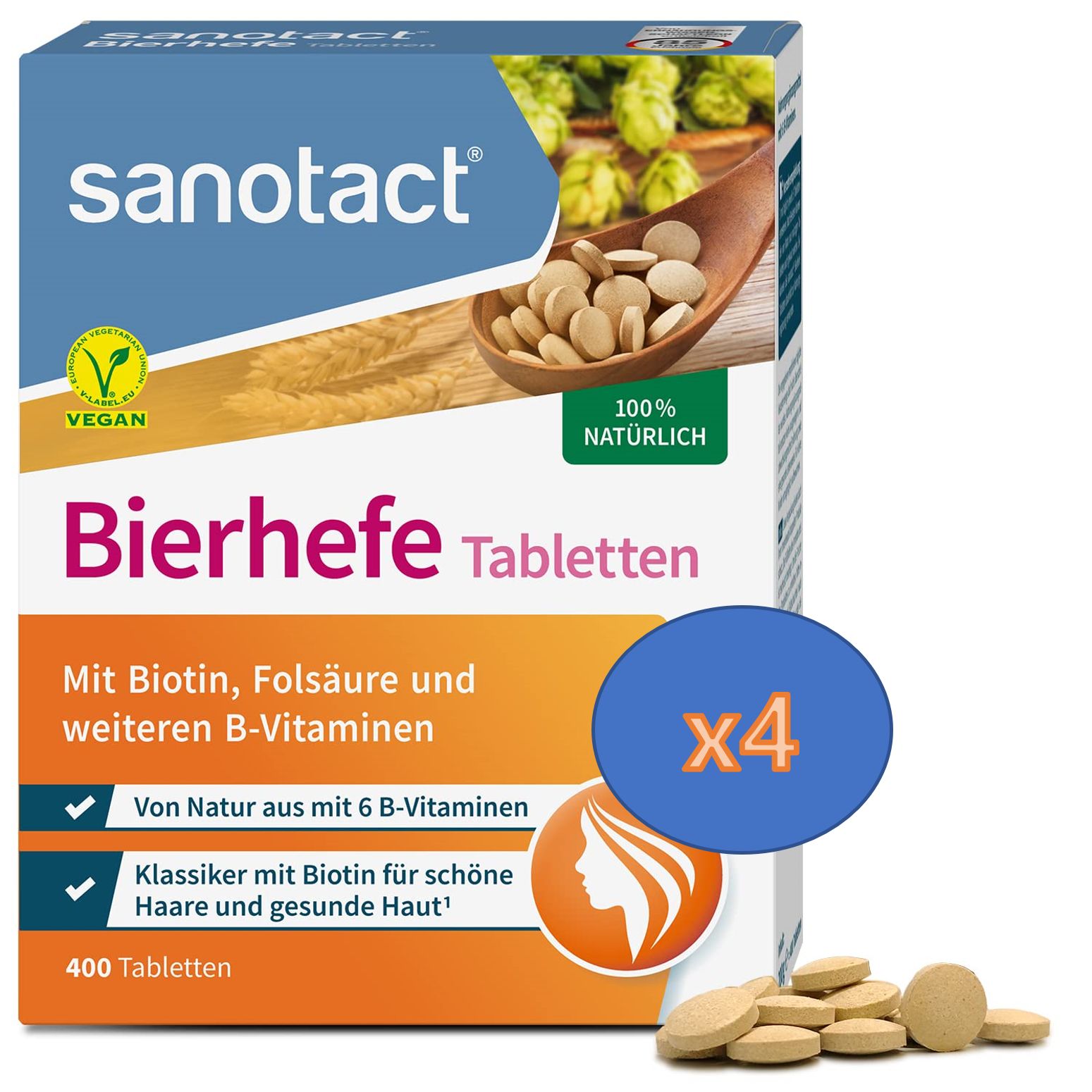 Sanotact 비건 100% 천연 맥주 효모 6가지 비타민B 400정 4팩