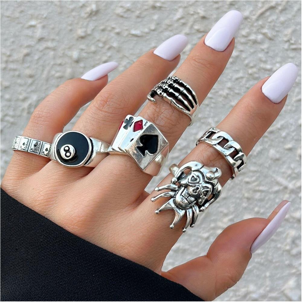 GEEKISTORE 여성용 빈티지 힙합 해골 유령 클로 포커 광대 반지 세트 할로우 사이즈 8 쥬얼리 스팀펑크 남