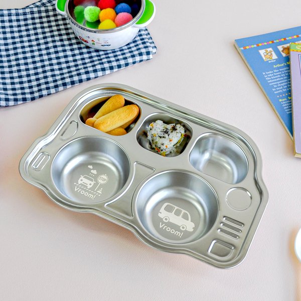 (키친유)버스 캐릭터 스텐304 5구 식판 자기주도 어린이집 간식 그릇 자동차 식판트레이 유아 아기 식기