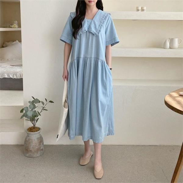 코지 얼굴소멸 프릴 빅카라 사랑스러운 반팔 롱원피스