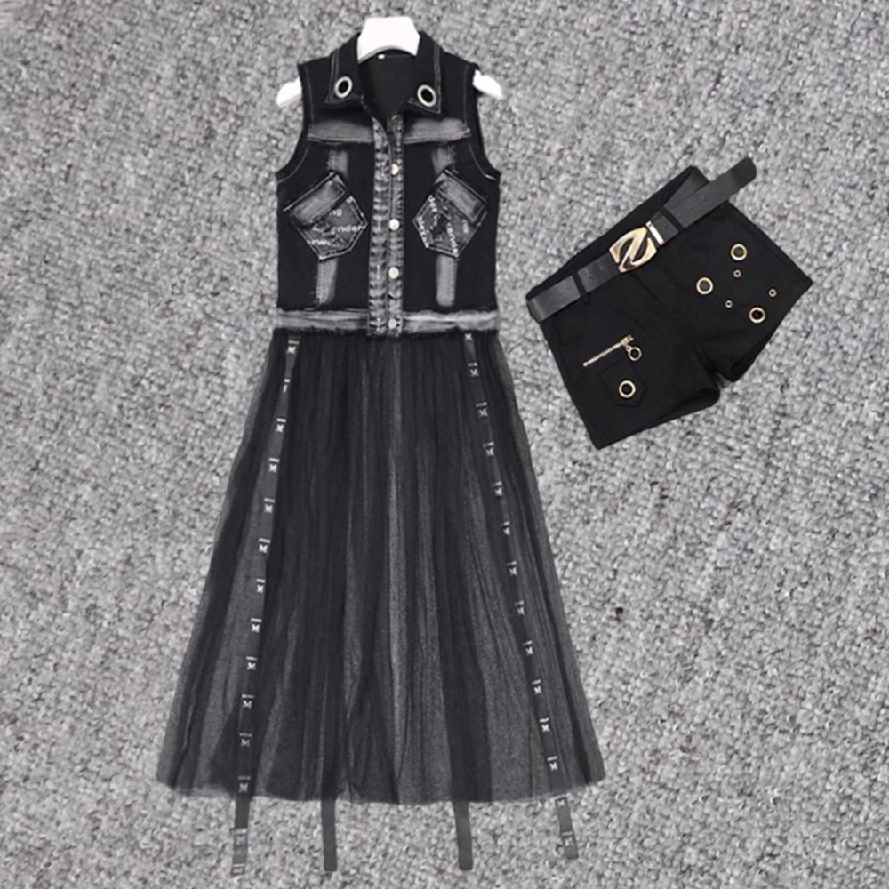 트롯트 망사롱조끼 댄스의상 - 검은 조끼 + 반바지  무료 검은 Z 벨트  S 사이즈 40kg