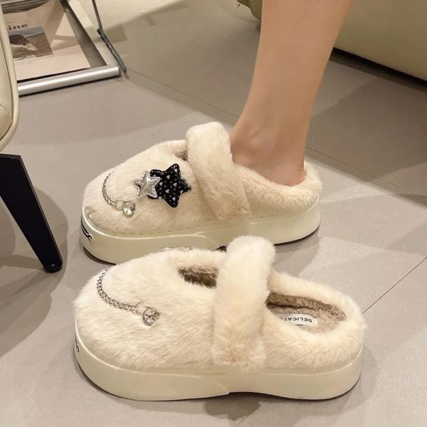 겨울슬리퍼 양털슬리퍼 호주양털슬리퍼 베스트 온라인 모피 발가락 모자 하프 슬리퍼 여성 겨울 겉옷 두꺼