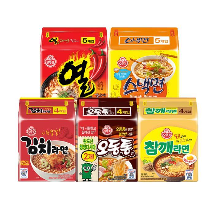오뚜기 봉지라면 멀티팩 혼합 / 김치라면 1팩 + 참깨라면 1팩 + 열라면 1팩 + 스낵면 1팩 + 오동통면 1팩