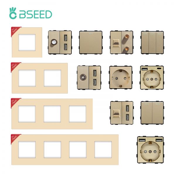 [해외] BSEED DIY 모듈 EU 플라스틱 패널 골드 더블 USB 소켓 인터넷 CAT5 RJ45 ST TV 전원 벽걸이 무료 조합