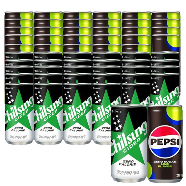 [스마일배송] 롯데칠성 펩시제로 210ml 30캔 +사이다제로 210ml 30캔 제로칼로리 / 다이어트 콜라 / 청량음료 / 탄산음료 / 탄산