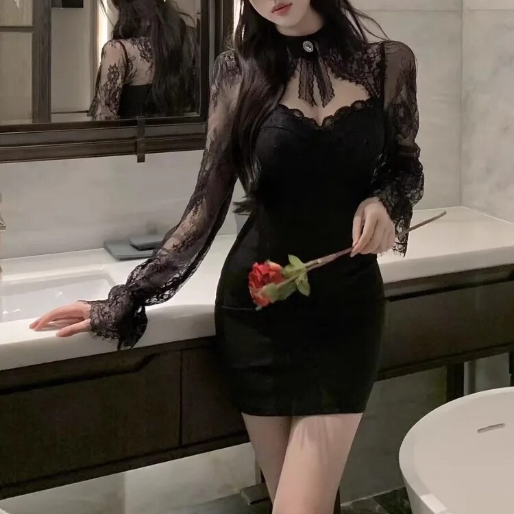 여신 클럽 파티 화이트 블랙 긴팔 리본 미니원피스 에스닉 망사 시스루 이벤트 뜨밤 승부