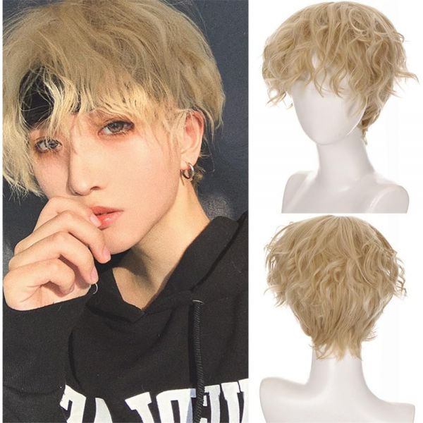 여자 가발 SITEDAN 남성 감은 머리 금 쇼트 변장 wig 포근포근한 펌 금발 미남 하라주쿠 작은 얼굴 효과 패