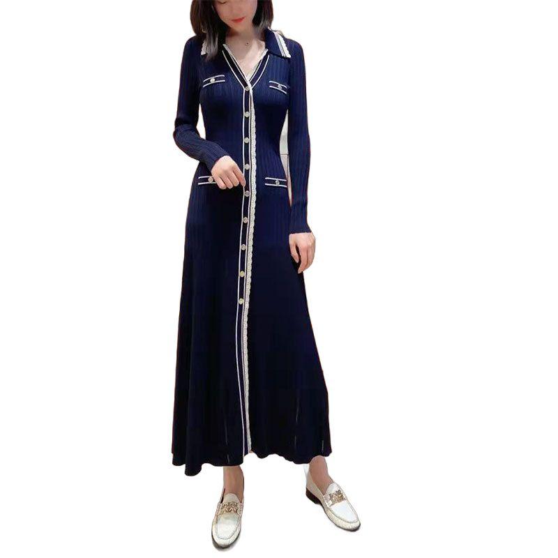 Yingjia 여성복 2022 크루즈 새로운 홍콩 스타일 드레스 레트로 슬림 기질 옷깃 긴 스커트 210677