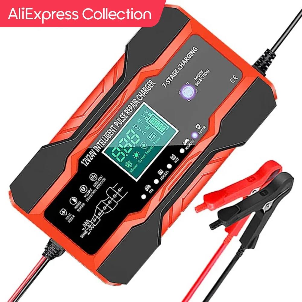 AliExpress 컬렉션 자동차 배터리 충전기 자동 디지털 AGM 젤용 펄스 수리 12V-24V 10A