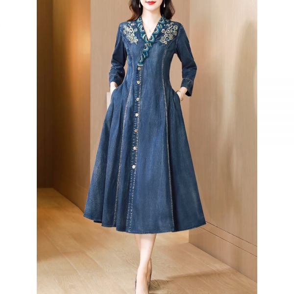TIYIHAILEY 여성용 빈티지 긴 종아리 싱글 브레스트 데님 M-2XL 중국 스타일 자수 드레스 무료 배송 가을
