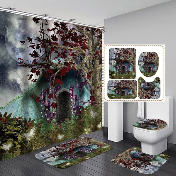 [오늘출발] 판타지 패브릭 샤워 커튼 세트 신비한 정글 보름달 호수 포도 나무