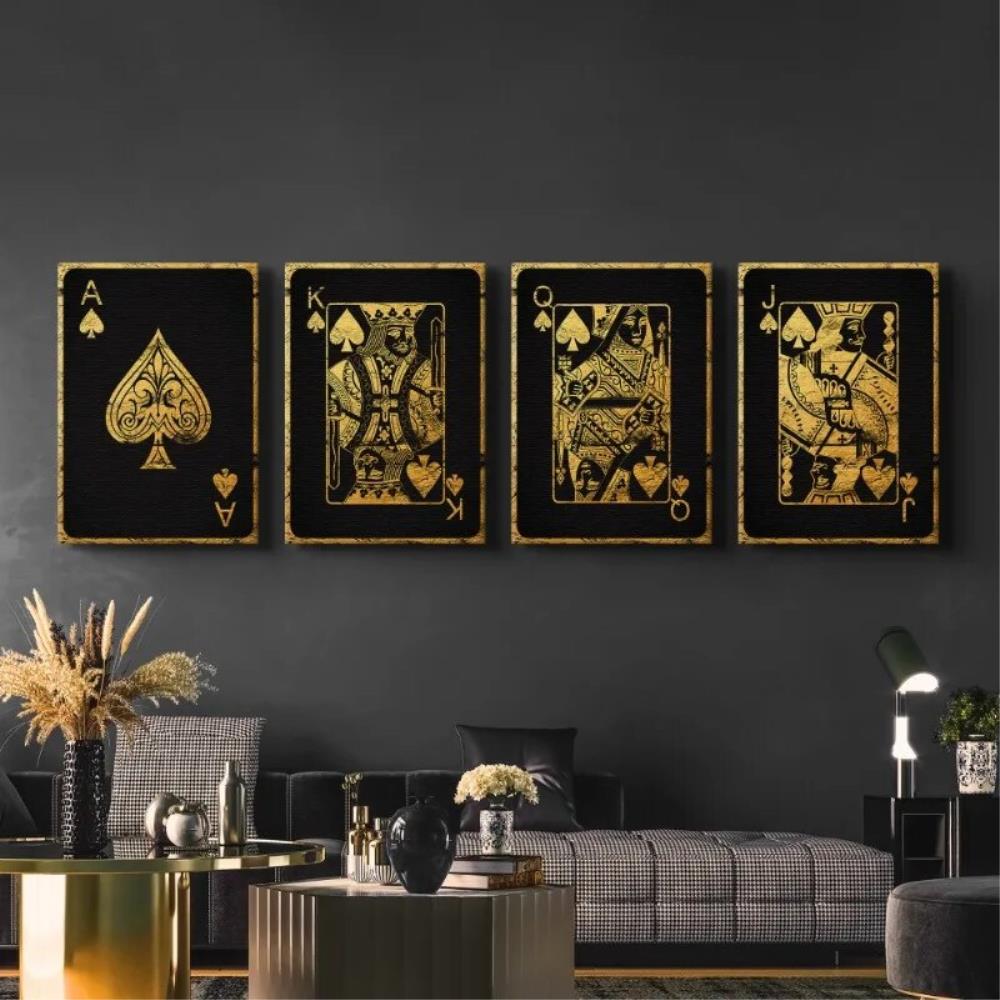 홀덤게임 AKQJ 골드 스페이드 놀이 카드 포스터 인쇄 캔버스 그림 킹 앤 퀸 포커 벽 아트 클럽 바 카지노