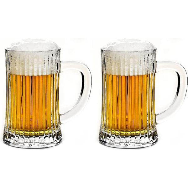 손잡이가 15온스인 클래식 대형 유리 리브드 맥주 스타인 머그컵입니다. 리브 2