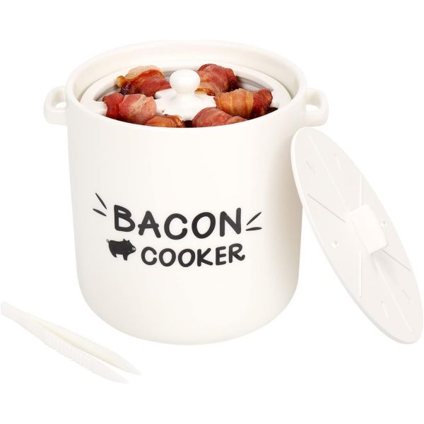 SOLIGT 세라믹 베이컨 전자레인지용 조리기 뚜껑과 보너스 집게가 있는 비산 방지 디자인 맛있는 바삭한 베