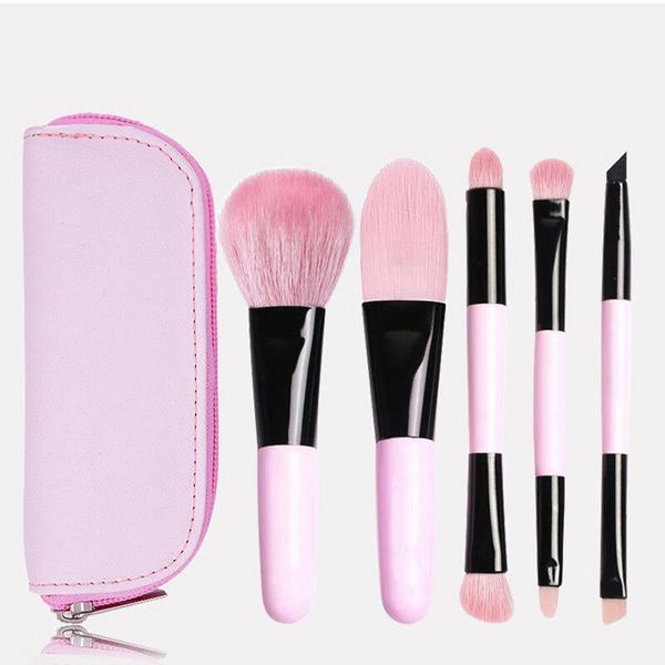 [오늘출발] 검정과 분홍색 양면 합성 머리 미니 여행 메이크업 브러쉬 세트 가방 포함 5