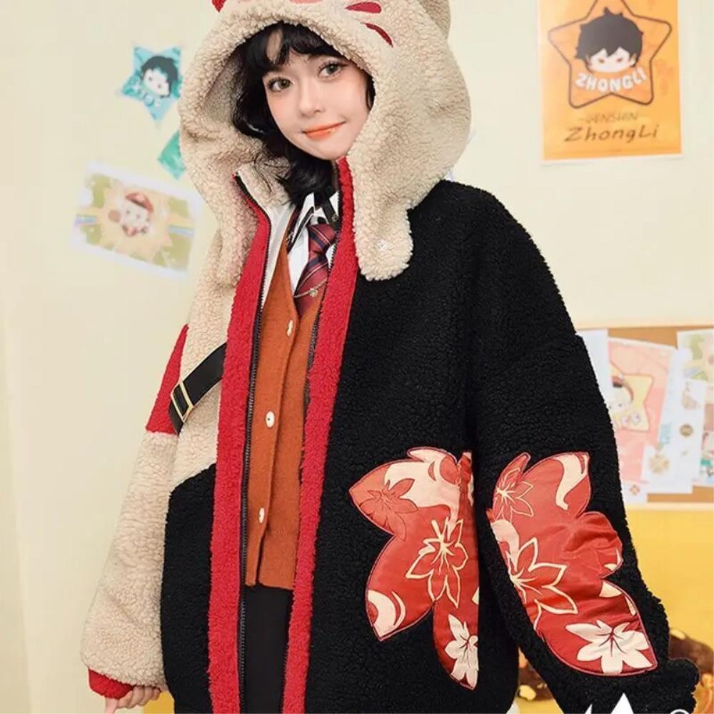 원신 카와이 임팩트 카에데하라 카즈하 후드 캐주얼 루즈 지퍼 재킷 탑 여성 페어리 트위드 코트 Mujer 스