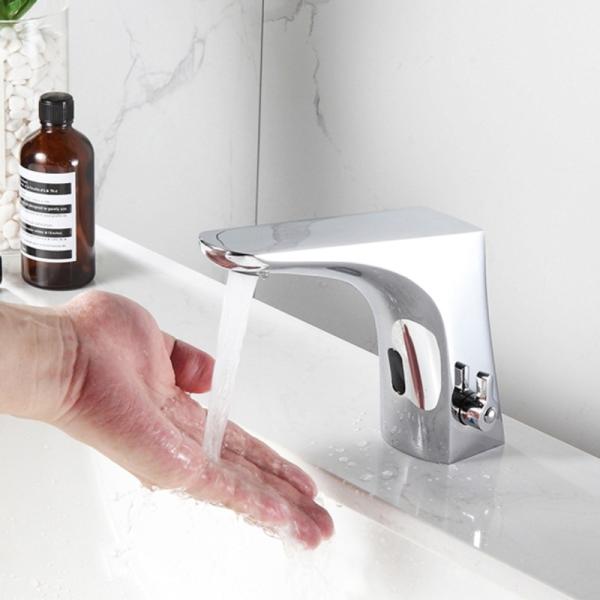 자동 핸드 터치 무료 수도꼭지 본체 전체 구리 데크 장착 광택 크롬 믹서 워터 콜드 앰프 뜨거운 ac 220 및