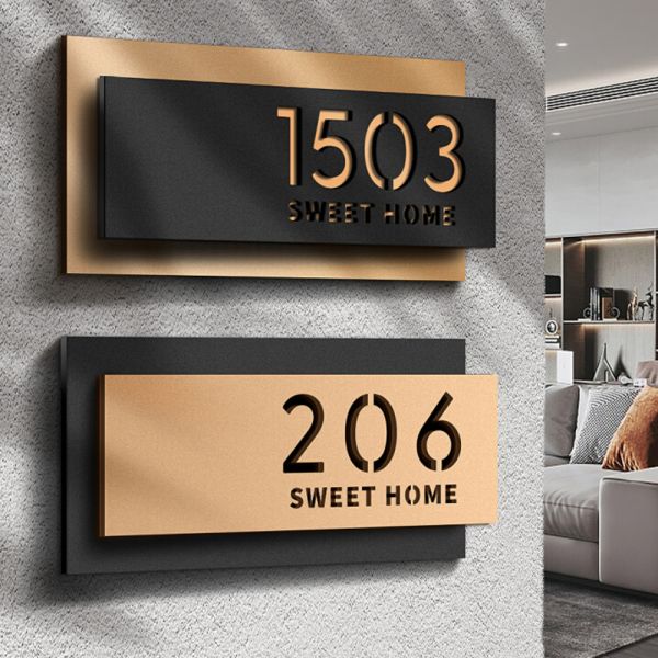 [해외] 맞춤형 모던 디자인 하우스 번호판 3D 블랙 골드 아크릴 야외 사인 방 주소 명판 문짝 장식