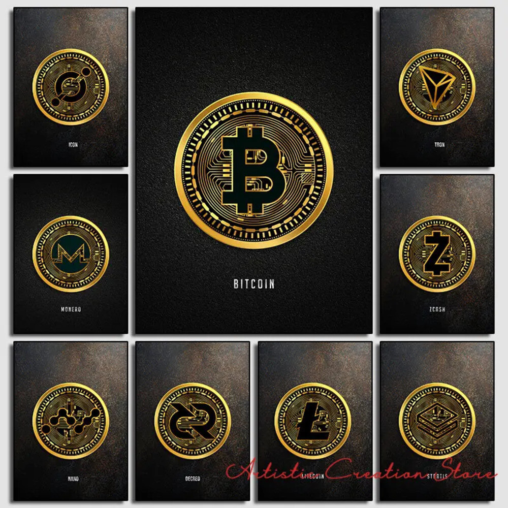 [오늘출발] 비트코인코인기념품 골든 비트코인 모네로 카르다노 암호 동전 포스터 캔버스 월 아트 프린트 그림 북유럽
