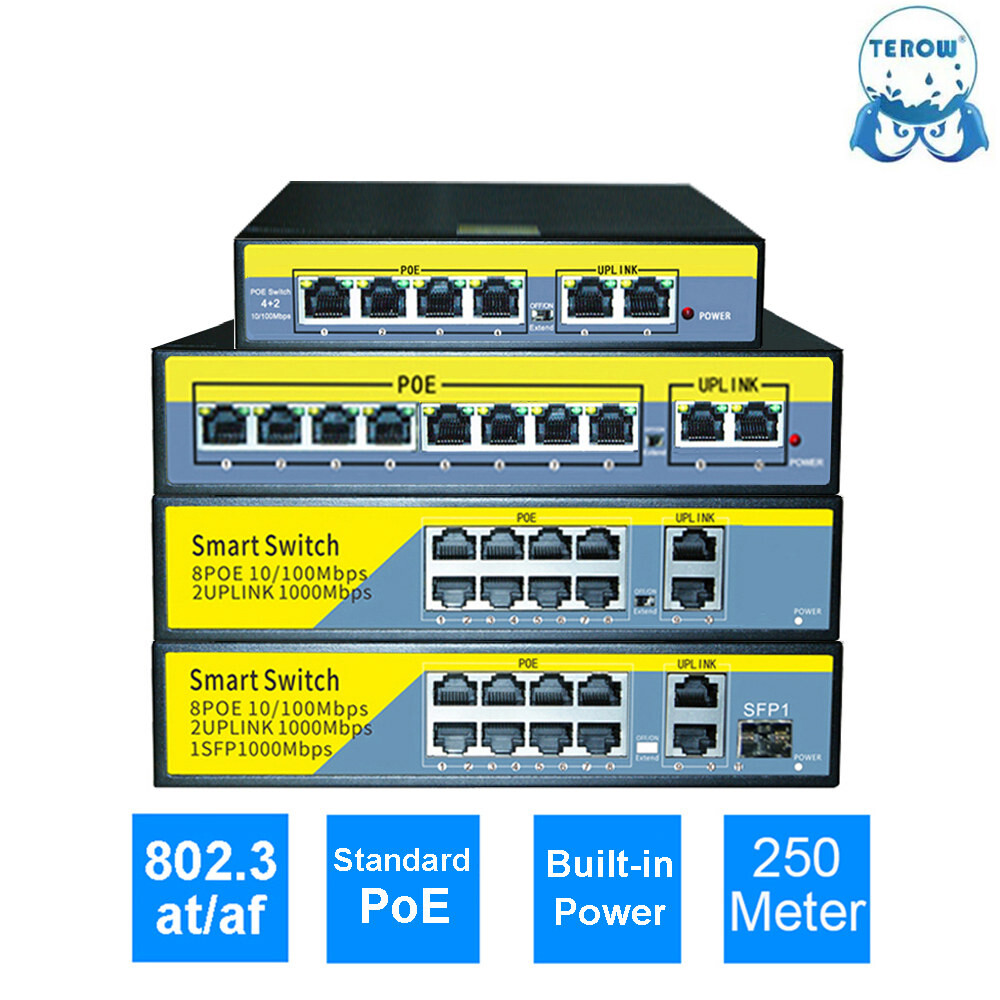[해외] TEROW POE 기가비트 스위치 4/8 포트 IP 카메라용 표준 POE 250m 번개 보호 업 링크 SFP 포함 100 Mbps 100