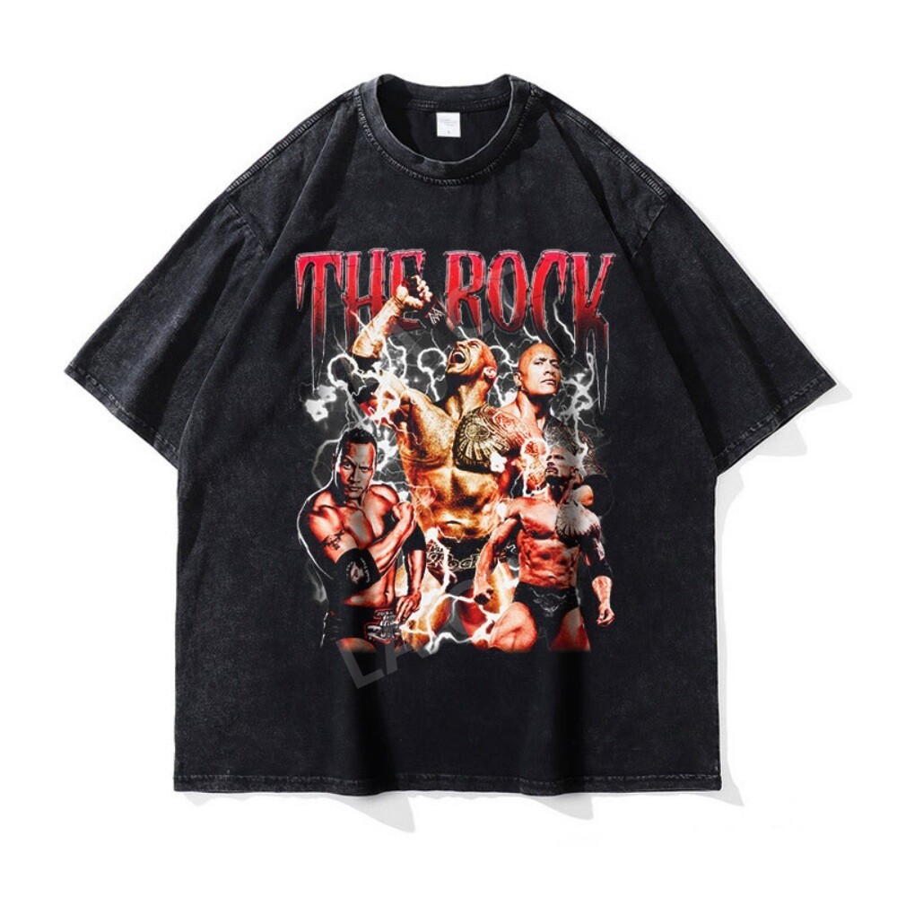 드웨인 존슨 반팔 티셔츠 프린팅 씹덕티셔츠 오버핏 씹덕티 빈티지 티 힙합 WWE-1/XXL
