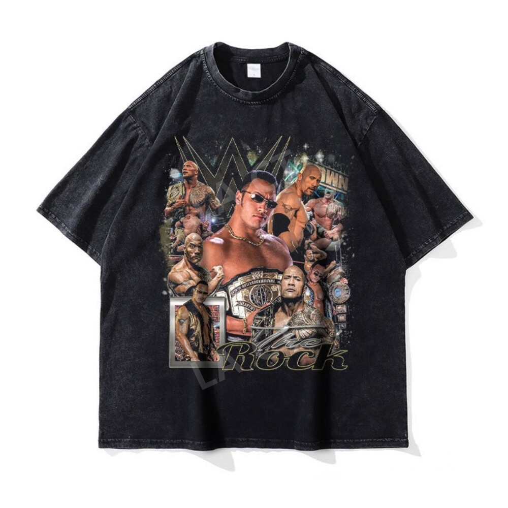 드웨인 존슨 반팔 티셔츠 프린팅 씹덕티셔츠 오버핏 씹덕티 빈티지 티 힙합 WWE-2/L
