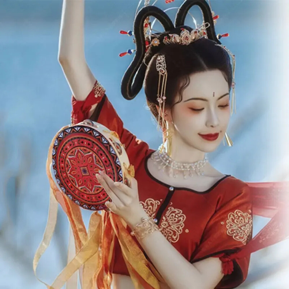 핸드 드럼 리본 벨 포함 둔황 댄스 무대 공연 장식 탬버린 악기 소품