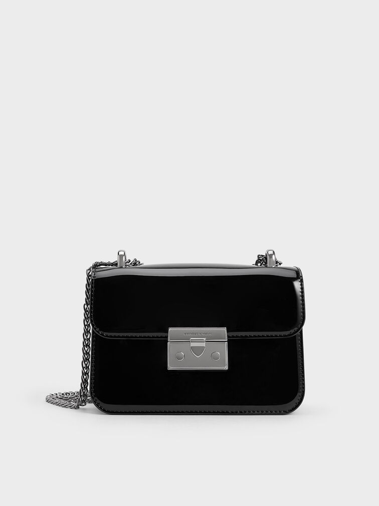 찰스앤키스 한소희 가방 CK2-80701391_BLACK_S Alva Patent Push-Lock Chain Bag  - Black