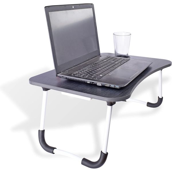 접을 수 있는 랩 데스크 블랙 침대 노트북 테이블 컵 홀더 수납 트레이 태블릿 슬롯 재택근무 및 온라인 학