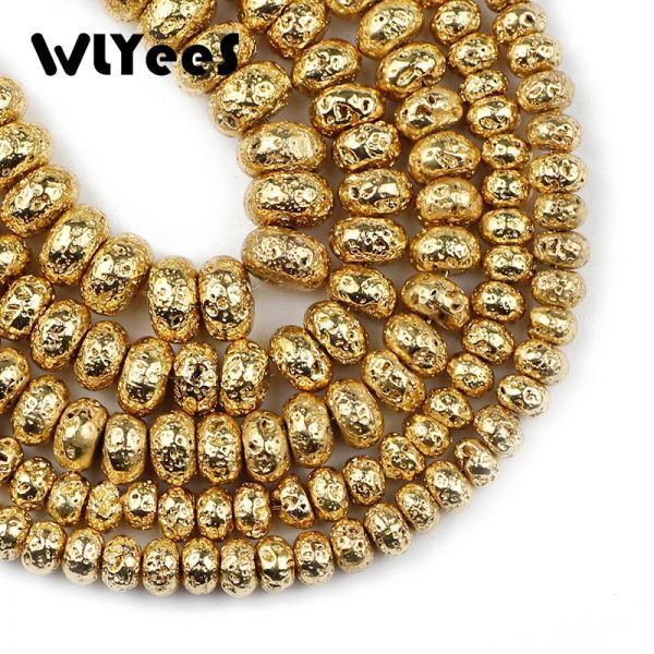 Wlyees 자연적인 돌 구슬 diy 도금 14 금 화산 용암 6 8 10mm 보석 만들기를위한 편평한 둥근 느슨한