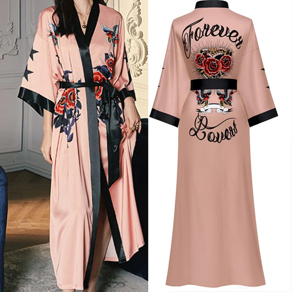 [해외] 가운 빅사이즈 긴 봄 여름 여성 잠옷 기모노 목욕 섹시한 새틴 Nightwear 나이트 홈 드레싱