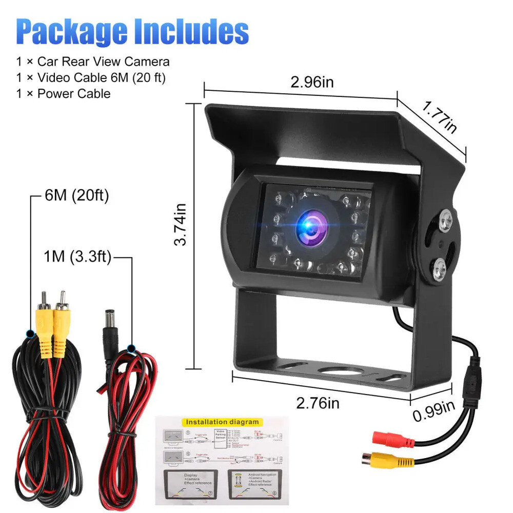 [해외] 트럭카메라 트럭 후방 보기 백업 카메라 버스 밴 RV용 범용 헤비 듀티 18 LED CCD 고화질 IP68 방수 12V-24