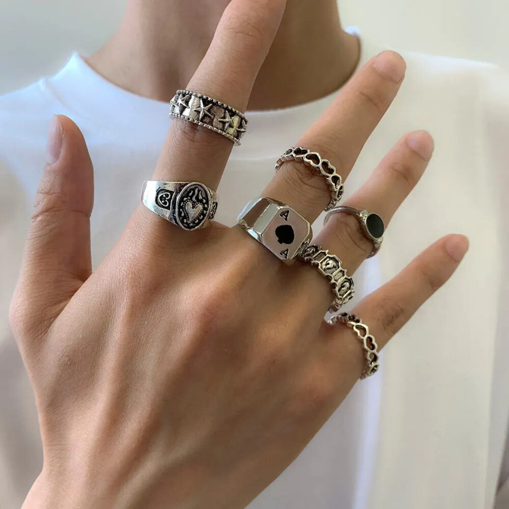 빈티지 남성용 고스 조각 하트 포커 실버 컬러 반지 적 너클 스트리트 링 액세서리 스팀펑크 7 개 세트