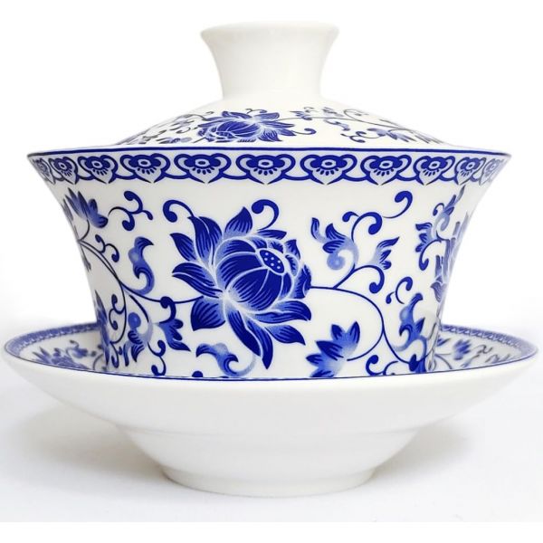 WEOPYCJ 중국 가이완 찻잔 아시아 전통 자기 쿵푸 손잡이 없는 뚜껑과 받침 6.8Oz 고전 블루 로터스