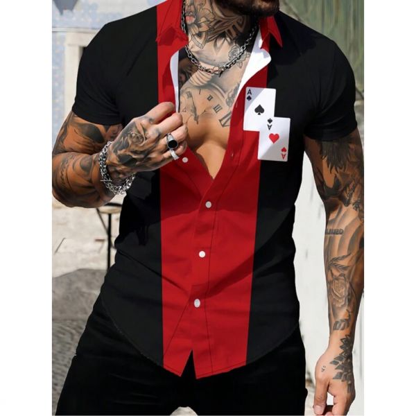 검정 골드미스트 블랙 셔츠 포커 카드 프린트가 있는 남성 컬러 블록 반팔 437958