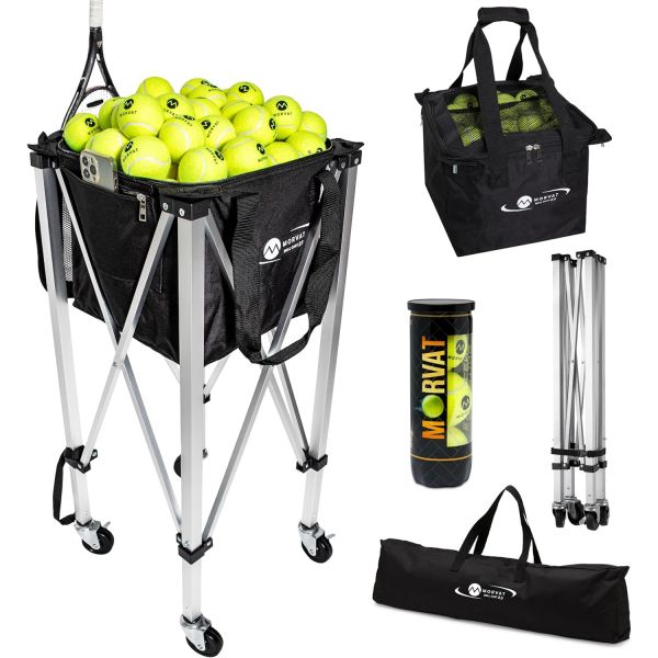 Morvat모르바트 헤비듀티 프로 테니스 공 카트 2.0 165개 보유 프리미엄 연습 호퍼 피클볼 컴팩트 경량 휴