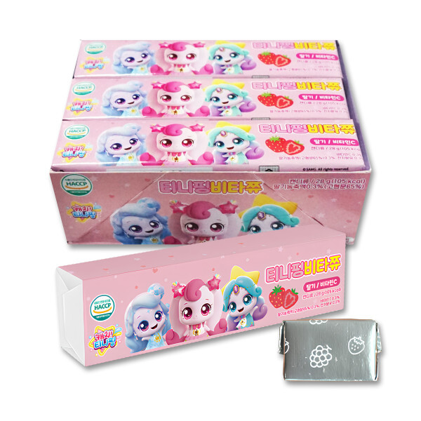 [필레코리아][오늘출발] 캐치티니핑 캐치 티니핑 비타 쮸 28g (15개) 딸기맛 / 카라멜 츄잉 초유 캔디 젤리 약국 사탕 캐릭터 유아 어린이 간식