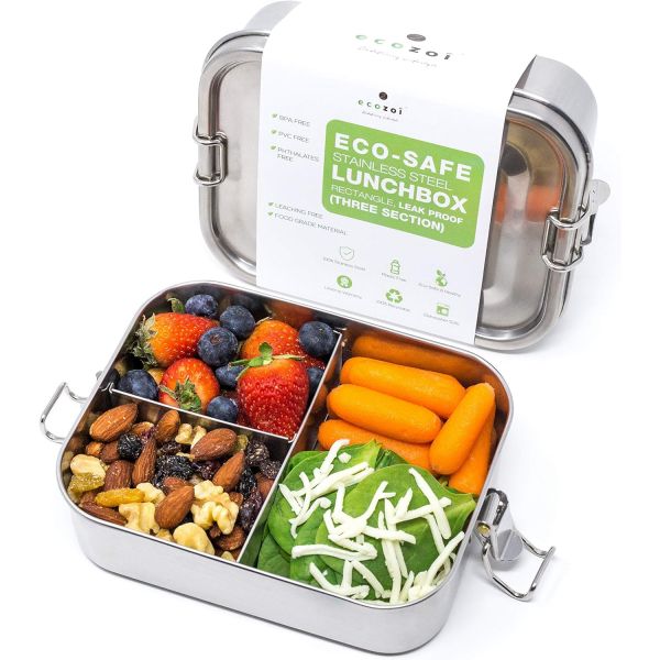 ecozoi스텐 도시락 누수방지 메탈벤토박스 3칸 24온스벤토박스 BPA무료급식준비식품용기 보너스 50ml 소스