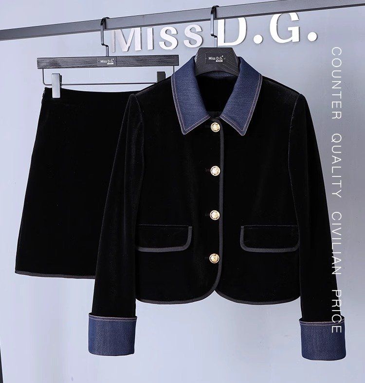 고급 홍콩 수입의류 여성 가을 명품스타일 벨벳 배색 캐주얼 자켓 스커트 투피스세트