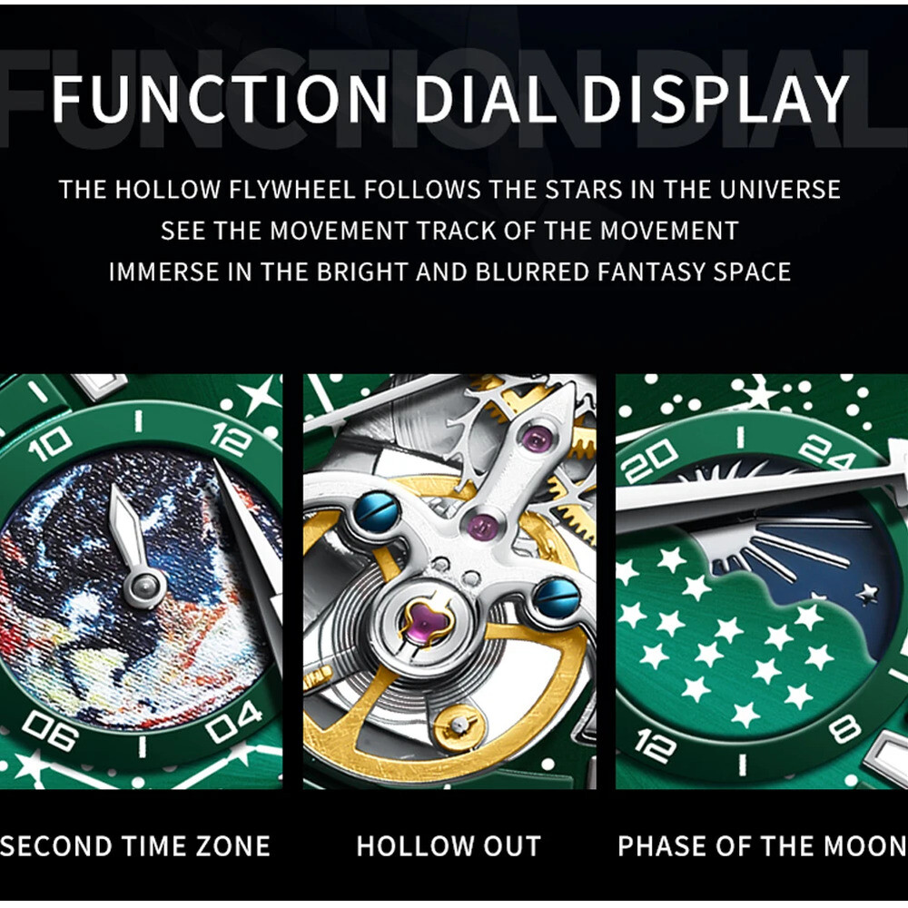 룰렛시계 OLEVS 남성용 자동 기계식 시계 별이 하늘 42mm 다이얼 회전 초 손목 별 달 위상