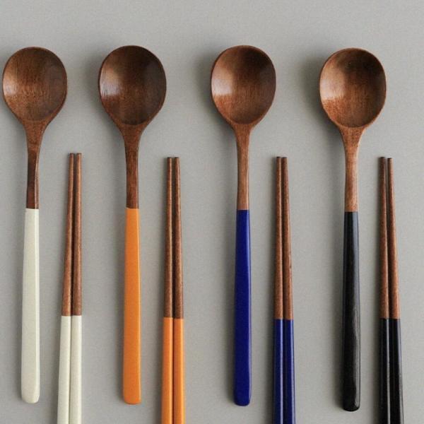 KJP 옻칠우드 나무 숟가락 젓가락 4인세트 수저세트 /특별할인+무료배송 (타원형 스카이블루-브라운변경)