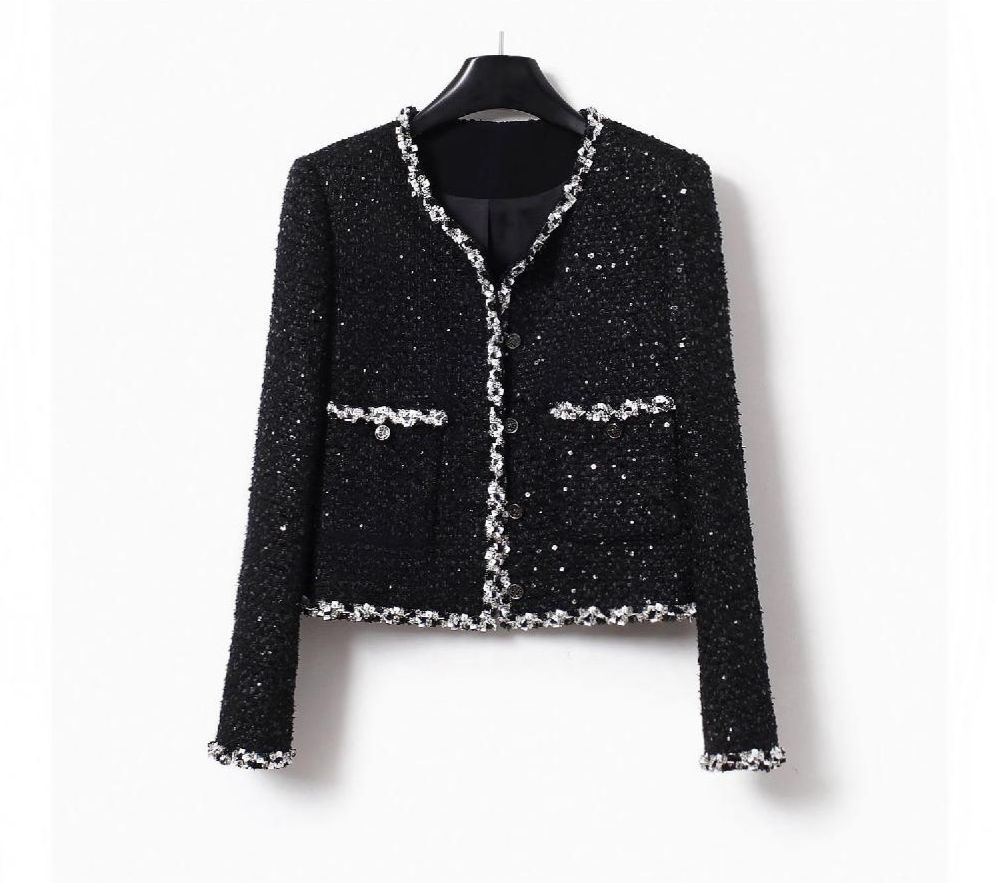 고급 홍콩 수입의류 여성 가을 명품스타일 스팽글 럭셔리 블랙 트위드자켓오피스룩 하객룩