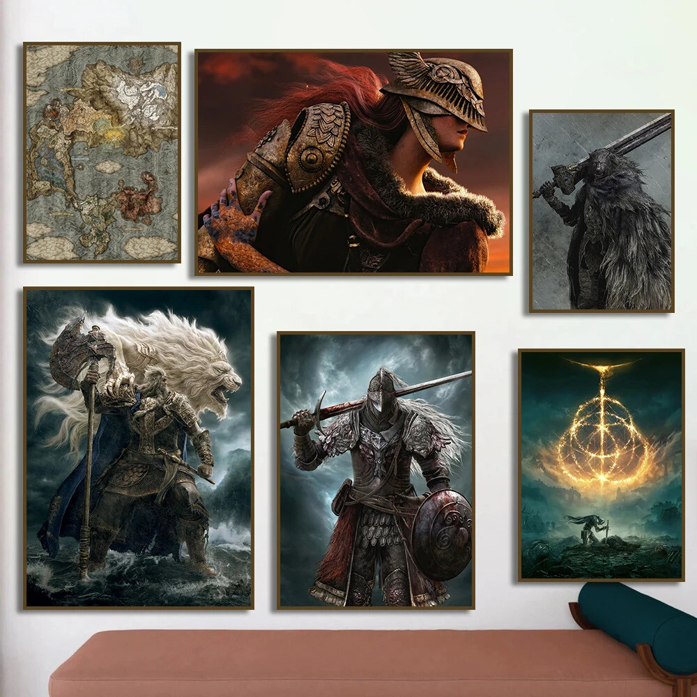 엘든링 인기 게임 엘든 맵 아트 말레니아 전사 포스터 캔버스 페인팅 커피 하우스 바 룸 벽 장식