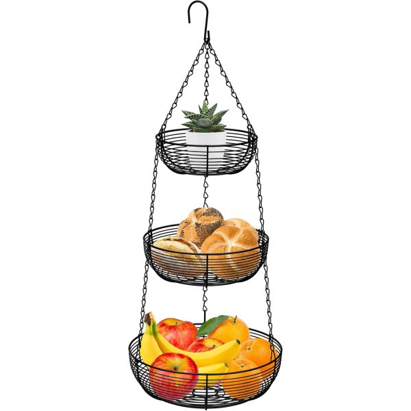 CAXXA 3단 걸이 바구니 과일 정리함 무료 보너스 금속 천장 후크 2개가 있는 주방 헤비 듀티 와이어 블랙