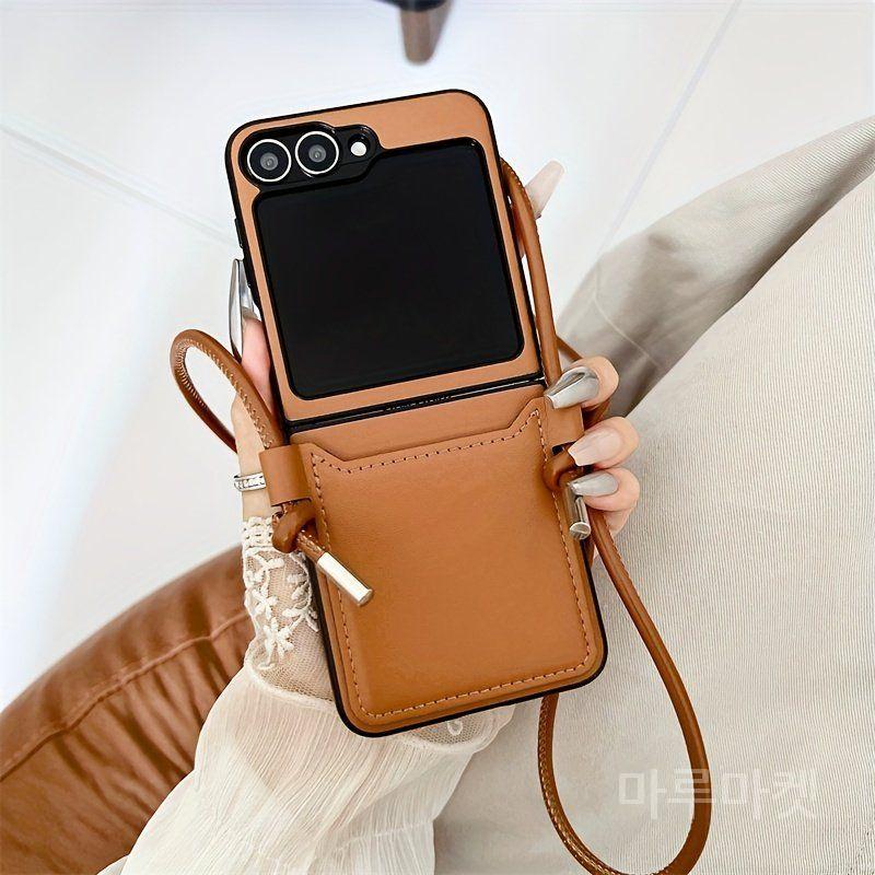 삼성 Z Flip6 모바일 폰 케이스 갤럭시 5G 보호 커버  무료 끈 카드 슬롯 낙하 방지 충격 휴대 용이 Pcs+PU