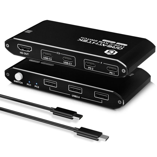 KVM 스위치 선택기 마우스 비디오 USB 공유기 C 컴퓨터 2대 모니터 1대 노트북 2대용 포트 타입C 지원 4k60
